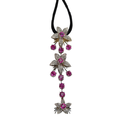 22928 Jasmin de Nuit Pink Sapphire & Diamond Pendant Designed & Handmade by Kaufmann de Suisse in 18kt White Gold featuring 102 Round Brilliant Cut GVS Quality Diamonds weighing a total of 1.23cts