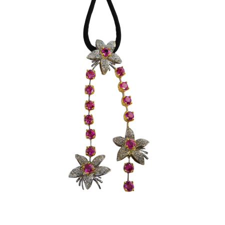22958 Jasmin de Nuit Pink Sapphire & Diamond Pendant Designed & Handmade by Kaufmann de Suisse in 18kt White & Yellow Gold featuring 125 Round Brilliant Cut