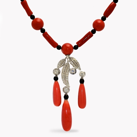 22991 Feuille Diamond and Coral Necklace Designed & Handmade by Kaufmann de Suisse in 18kt White Gold featuring 11 x 10mm Red Coral Beads, Three Teardrop Red Corals