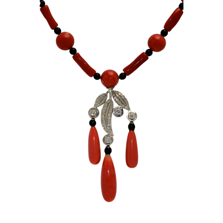 22991 Feuille Diamond and Coral Necklace Designed & Handmade by Kaufmann de Suisse in 18kt White Gold featuring 11 x 10mm Red Coral Beads, Three Teardrop Red Corals measuring 21 to 27mm, 12 Red Co