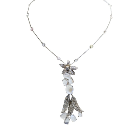 22994 Jasmin de Nuit Feuille Necklace Designed and Handmade by Kaufmann de Suisse in 18kt White Gold featuring 108 Round Brilliant Cut