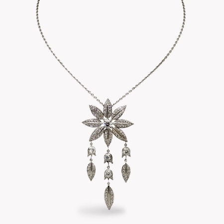 23019 Diamond Feuille Necklace Designed and Handmade by Kaufmann de Suisse in 18kt White Gold featuring 857 Round Brilliant Cut GSI Quality Diamonds weighing a total of 7.51cts, 2.5 inch drop