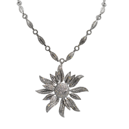 23019 Diamond Feuille Necklace Designed and Handmade by Kaufmann de Suisse in 18kt White Gold featuring 857 Round Brilliant Cut GSI Quality Diamonds weighing a total of 7.51cts, 2.5 inch drop