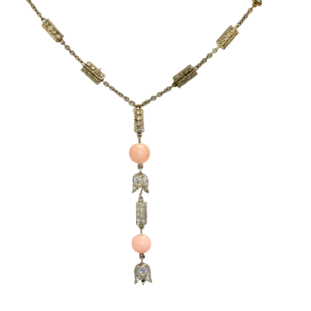 23069 Lilly of the Valley on Rolo Chain with Diamonds & Angel Skin Coral Necklace Designed & Handmade by Kaufmann de Suisse in 18kt White Gold featuring 130 Rround Brilliant