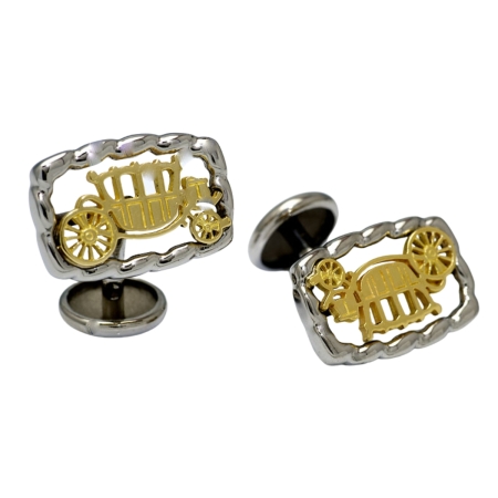 23257A Flowing Lines Carriage Cufflinks Designed and Handmade by Kaufmann de Suisse in 18kt Yellow Gold and Stainless Steel
