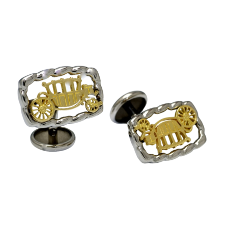 23257A Flowing Lines Carriage Cufflinks Designed and Handmade by Kaufmann de Suisse in 18kt Yellow Gold and Stainless Steel