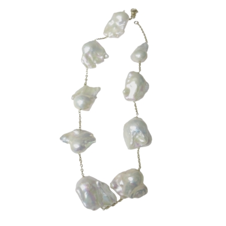 23292 Baroque Freshwater Pearl Chain Necklace Designed and Handmade by Kaufmann de Suisse in 14kt Yellow Gold featuring 9 Baroque Freshwater Pearls Measuring from 22 to 33mm