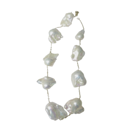 23292 Baroque Freshwater Pearl Chain Necklace Designed and Handmade by Kaufmann de Suisse in 14kt Yellow Gold featuring 9 Baroque Freshwater Pearls Measuring from 22 to 33mm