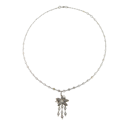 23301 Jasmin de Nuit Moonstone & Diamond Pendant Designed and Handmade by Kaufmann de Suisse in 18kt White Gold featuring 48 Round Brillinat