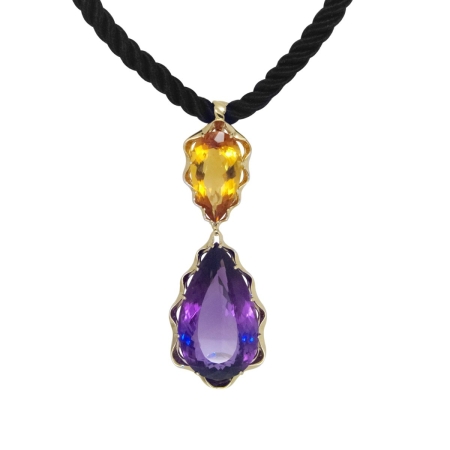 23331 Amethyst & Citrine Flowing Lines Pendant Designed & Handmade by Kaufmann de Suisse in 18kt Yellow Gold featuring Pear Shaped Amethyst weighing 182.90cts and one Pear Shape Citrine weighing 3