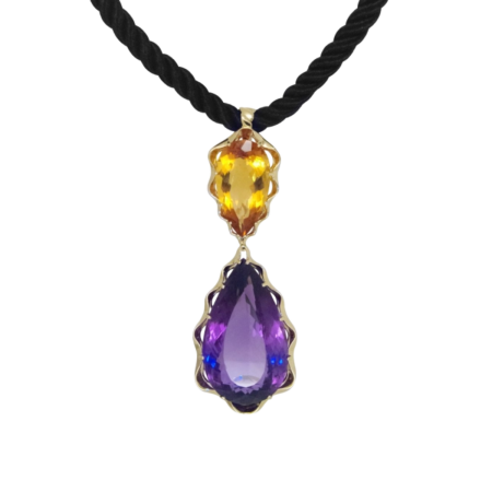23331 Amethyst & Citrine Flowing Lines Pendant Designed & Handmade by Kaufmann de Suisse in 18kt Yellow Gold featuring Pear Shaped Amethyst weighing 182.90cts and one Pear Shape Citrine weighing 3