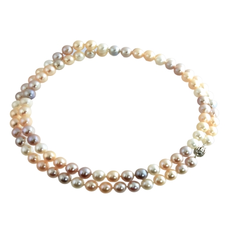 23342 34 Inch Freshwater Pearl Strand Necklace Designed and Handmade by Kaufmann de Suisse featuring 89 Peach, Pink and White Freshwater Pearls measuring 8.5 to 9.7mm strung with a 14kt
