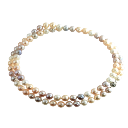 23342 34 Inch Freshwater Pearl Strand Necklace Designed and Handmade by Kaufmann de Suisse featuring 89 Peach, Pink and White Freshwater Pearls measuring 8.5 to 9.7mm strung with a 14kt White Gold