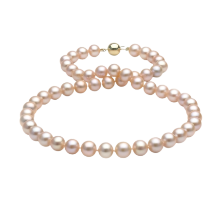 23343 Freshwater Pearl Strand Necklace Designed and Handmade by Kaufmann de Suisse featuring 136 Peach Color Freshwater Pearls measuring 8.5 to 9.3mm strung with an 18kt Yellow Gold Diam
