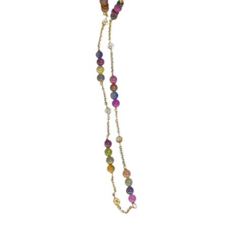 23347 14kt White Gold Chain Necklace with 48 Multi Color 4 4 .5mm Sapphire & Ruby Beads and 9 Round Brilliant Cut FVVS Quality Diamonds weighing a total of 0.54cts Bezel Set and mounted on the C