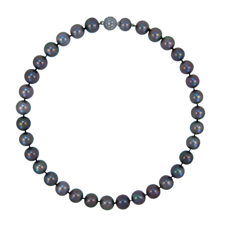 23398 17.5 Inch Tahitian Pearl Strand Necklace featuring 34 Round Peacock Color Tahitian Pearls measuring 12mm with an 18kt White Gold Tongue