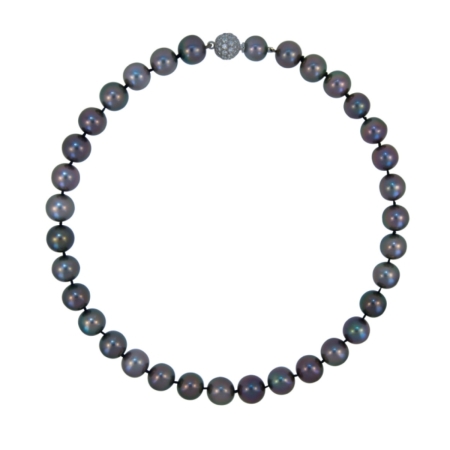 23398 17.5 Inch Tahitian Pearl Strand Necklace featuring 34 Round Peacock Color Tahitian Pearls measuring 12mm with an 18kt White Gold Tongue in Diamond
