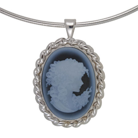 23411 Flowing Lines Pendant Designed & Handmade by Kaufmann de Suisse in 18kt White Gold featuring one Oval Grey Blue Agate Stone with the Cameo of a Lady