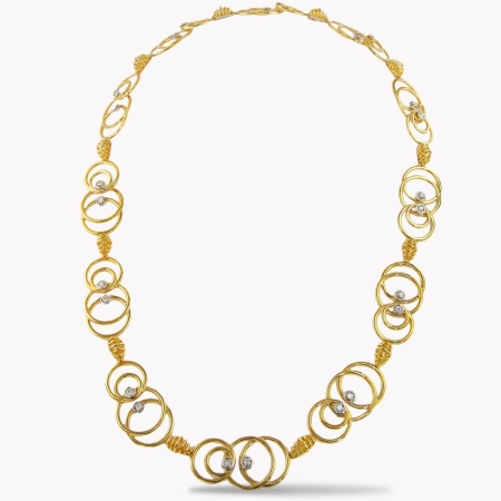 23412 One of a Kind Yellow Gold Circle & Diamond Necklace Designed & Handmade by Kaufmann de Suisse in 18kt Yellow Gold and Platinum featuring 20 Round Brilliant cut HVS Quality Diamonds weighing