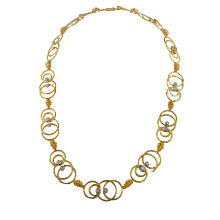23412 One of a Kind Yellow Gold Circle & Diamond Necklace Designed & Handmade by Kaufmann de Suisse in 18kt Yellow Gold and Platinum featuring 20 Round Brilliant cut HVS Quality Diamonds weighing