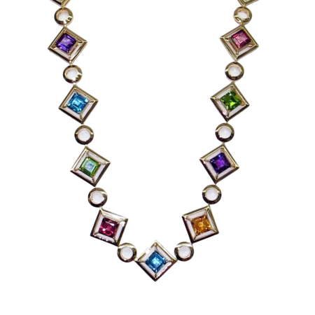 23446 One of a Kind Multi Color 30 Inch Necklace Designed & Handmade by Kaufmann de Suisse in 18kt Yellow Gold featuring 5 Square Emerald cut Swiss Blue Topaz weighing a total of 25.50cts, 4 Squar
