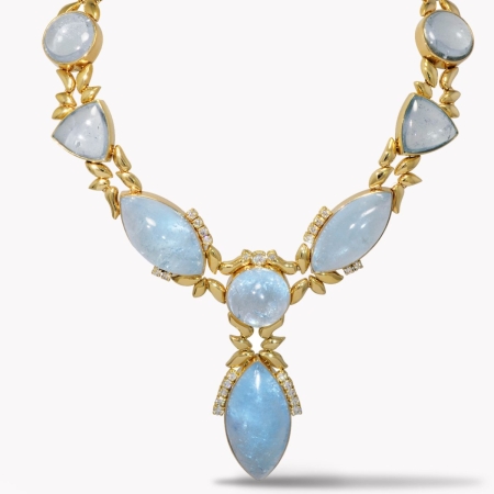 23477 One of a Kind Opal, Diamond & Yellow Gold Drop Necklace Designed & Handmade by Kaufmann de Suisse in 18kt Yellow Gold featuring 14 Muzo Mine Multi Color Opals weighing a total of 130.35cts a