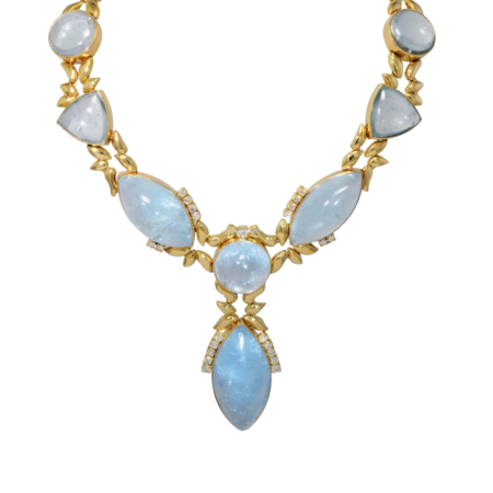 23477 One of a Kind Opal, Diamond & Yellow Gold Drop Necklace Designed & Handmade by Kaufmann de Suisse in 18kt Yellow Gold featuring 14 Muzo Mine Multi Color Opals weighing a total of 130.35cts a