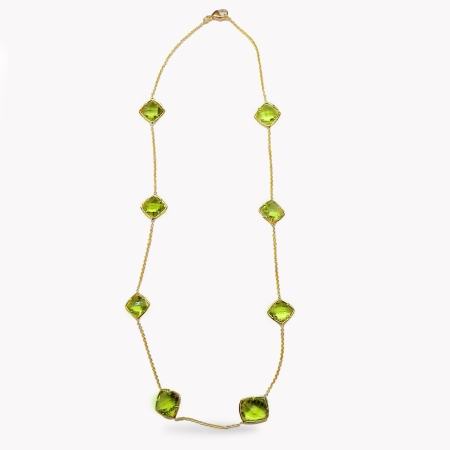 23565 Green Citrines by the Yard Designed & Handmade by Kaufmann de Suisse in 18kt Yellow Gold featuring 8 Cushion Cut Green Citrine weighing a total of 41.75cts mounted on a 24 Inch Yellow Gold 1