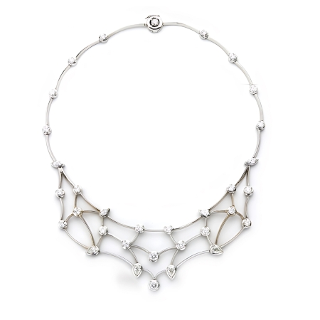 23572 Planetary Diamond Constellation Necklace Designed & Handmade by Kaufmann de Suisse in 18kt White Gold featuring 31 Round, Marquise and Pear Shaped E H Color, VS to SI Quality Diamonds weighi