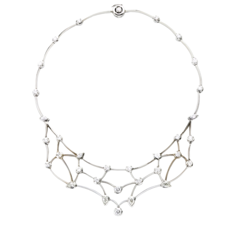 23572 Planetary Diamond Constellation Necklace Designed & Handmade by Kaufmann de Suisse in 18kt White Gold featuring 31 Round, Marquise and Pear Shaped E H Color, VS to SI Quality Diamonds weighi