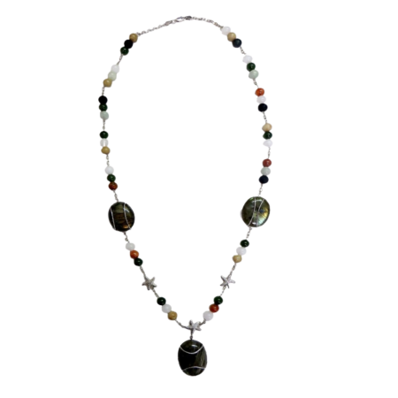 23575 Labradorite Starfish Necklace with Nephrite Jade Beads Designed & Handmade by Kaufmann de Suisse in 14kt & 18kt Yellow Gold featuring 3 Labradorites measuring 21 31mm and 42 Nephrite Jad