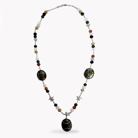 23575 Labradorite Starfish Necklace with Nephrite Jade Beads Designed & Handmade by Kaufmann de Suisse in 14kt & 18kt Yellow Gold featuring 3 Labradorites measuring 21 31mm and 42 Nephrite Jade