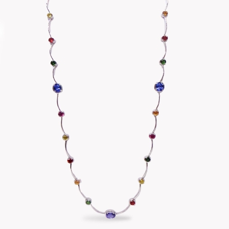 23579 Long White Gold Cascade Necklace Designed & Handmade by Kaufmann de Suisse in 18kt White Gold with Multi Color Gemstones including 7 Round Green Tourmalines weighing a total of 3.17cts