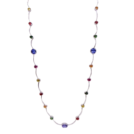 23579 Long White Gold Cascade Necklace Designed & Handmade by Kaufmann de Suisse in 18kt White Gold with Multi Color Gemstones including 7 Round Green Tourmalines weighing a total of 3.17cts
