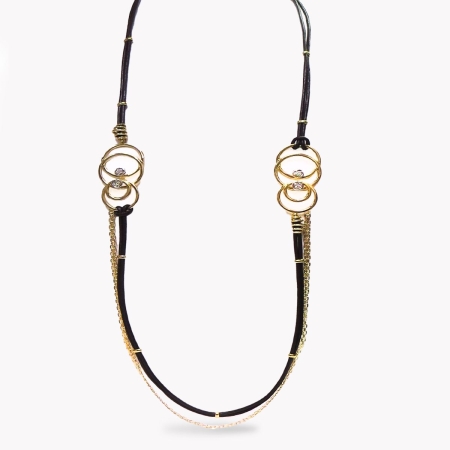 23583 Double Circle, Platinum, Diamond, Leather & Gold Chain Necklace Designed & Handmade by Kaufmann de Suisse featuring 4 Round Bezel Set in Platinum HVS Quality Diamonds weighing a total of 0.6