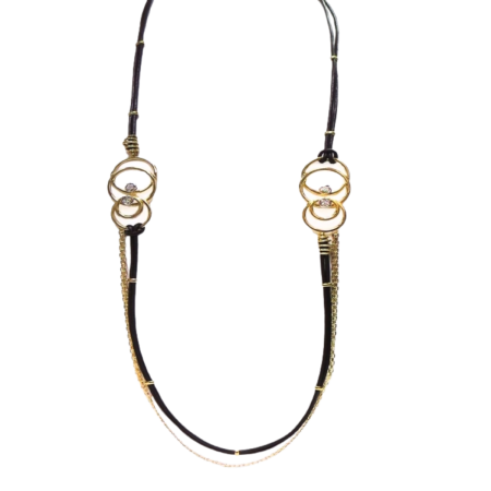 23583 Double Circle, Platinum, Diamond, Leather & Gold Chain Necklace Designed & Handmade by Kaufmann de Suisse featuring 4 Round Bezel Set in Platinum HVS Quality Diamonds weighing a total of 0.6