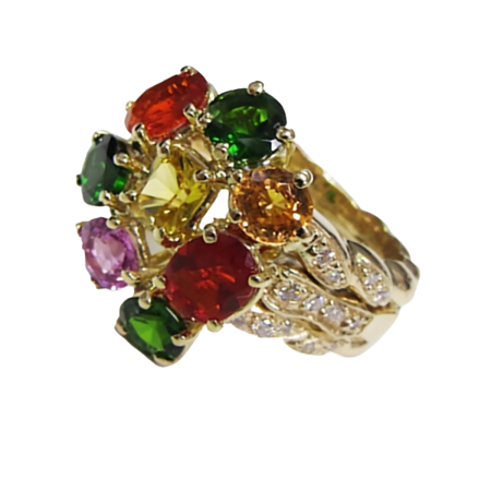 23586 Triple Flowing Lines Bouquet Ring Designed & Handmade by Kaufmann de Suisse in 18kt Yellow Gold featuring 1.49cts of Green Tourmaline, 0.56cts of Yellow Sapphire, 0.83cts of Fire Opal, 0.46c (1)