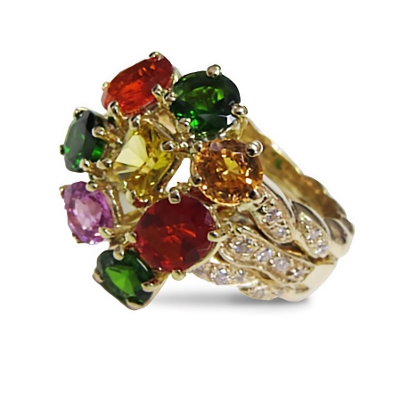 23586 Triple Flowing Lines Bouquet Ring Designed & Handmade by Kaufmann de Suisse in 18kt Yellow Gold featuring 1.49cts of Green Tourmaline, 0.56cts of Yellow Sapphire, 0.83cts of Fire Opal, 0.46c