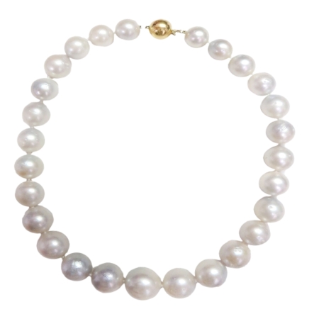 23591 19 Inch Round South Sea Pearl Strand Necklace featuring 29 Round South Sea Pearls measuring from 14 to 18mm with an 18kt Yellow Gold Tongue in Oval Swirl Clasp