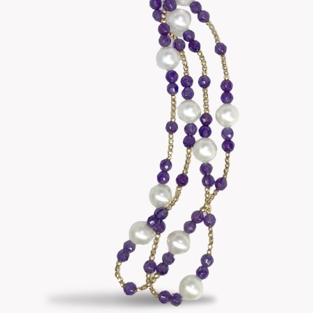 23608 Amethyst, Pearl and Gold Bead Wrap Around Necklace made with 145 4mm Round faceted Amethyst, 28 8mm Round White Pearls, and 290 2mm 14kt Yellow Gold Beads