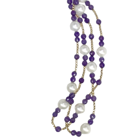 23608 Amethyst, Pearl and Gold Bead Wrap Around Necklace made with 145 4mm Round faceted Amethyst, 28 8mm Round White Pearls, and 290 2mm 14kt Yellow Gold Beads
