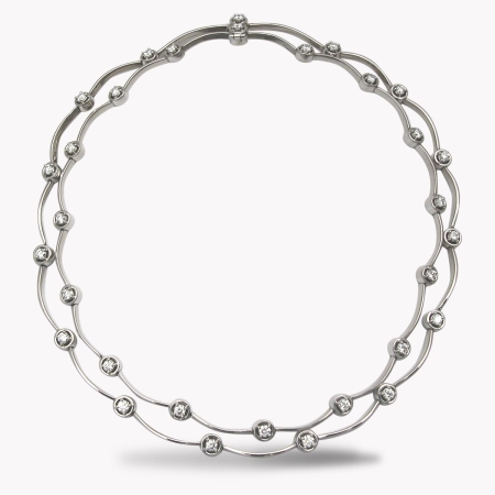23614 Diamond Cascade Necklace Designed and Handmade by Kaufmann de Suisse in 18kt White Gold featuring 15 Round Brilliant cut GVS Quality Diamonds weighing a total of 2.40cts