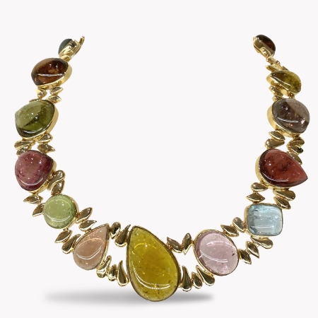 23735 Multi Colored Tourmaline Necklace Designed & Handmade by Kaufmann de Suisse in 18kt Yellow Gold featuring 17 Multi Colored Cabochon Cut Tourmalines weighing a total of 463.38cts