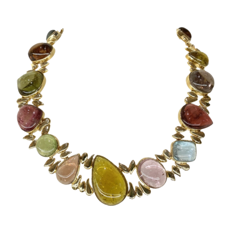 23735 Multi Colored Tourmaline Necklace Designed & Handmade by Kaufmann de Suisse in 18kt Yellow Gold featuring 17 Multi Colored Cabochon Cut Tourmalines weighing a total of 463.38cts