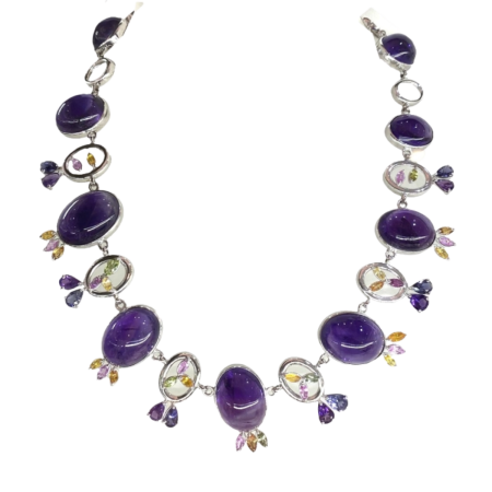 23782 Bold & Beautiful Amethyst, Sapphire & Iolite White Gold Necklace Designed & Handmade by Kaufmann de Suisse in 18kt White Gold featuring 12 Oval Cabochon Cut Amethyst weighing
