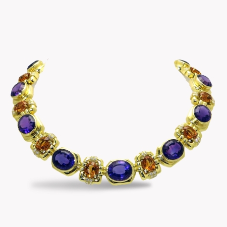 23820 Citrine & Amethyst Necklace Designed & Handmade by Kaufmann de Suisse in 18kt Yellow Gold featuring 13 Amethysts weighing a total of 251.42ct and 13 Citrines weighing a total of 248.24cts