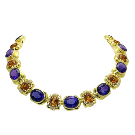 23820 Citrine & Amethyst Necklace Designed & Handmade by Kaufmann de Suisse in 18kt Yellow Gold featuring 13 Amethysts weighing a total of 251.42ct and 13 Citrines weighing a total of 248.24cts