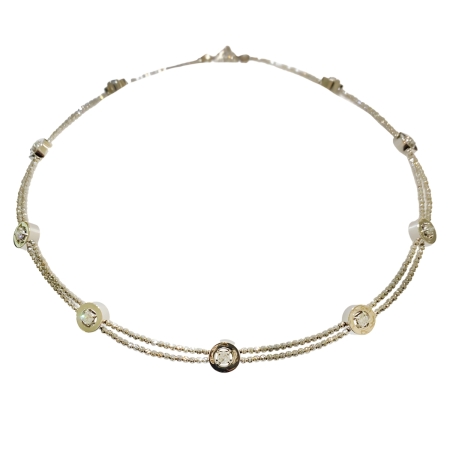 23832 Diamond Cut Bead Necklace Designed & Handmade by Kaufmann de Suisse in 18kt White Gold featuring 350 Diamond Cut 14kt White Gold Beads and 9 Diamond Stations featuring 9 Round Brilliant Cut