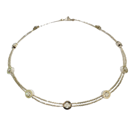23832 Diamond Cut Bead Necklace Designed & Handmade by Kaufmann de Suisse in 18kt White Gold featuring 350 Diamond Cut 14kt White Gold Beads and 9 Diamond Stations featuring 9 Round Brilliant Cut