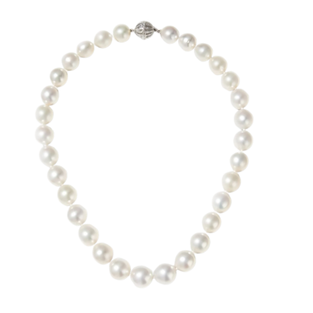 24127 18 Inch South Sea Pearl Strand Necklace featuring 37 Round South Sea Pearls measuring from 10 13mm with a 14kt White Gold Tongue in Diamond Ball Clasp featuring 62